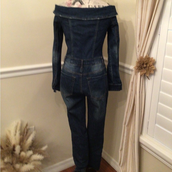 VENUS Dark Blue Off-Shoulder Denim Jumpsuit    Size 2 - Picture 4 of 10